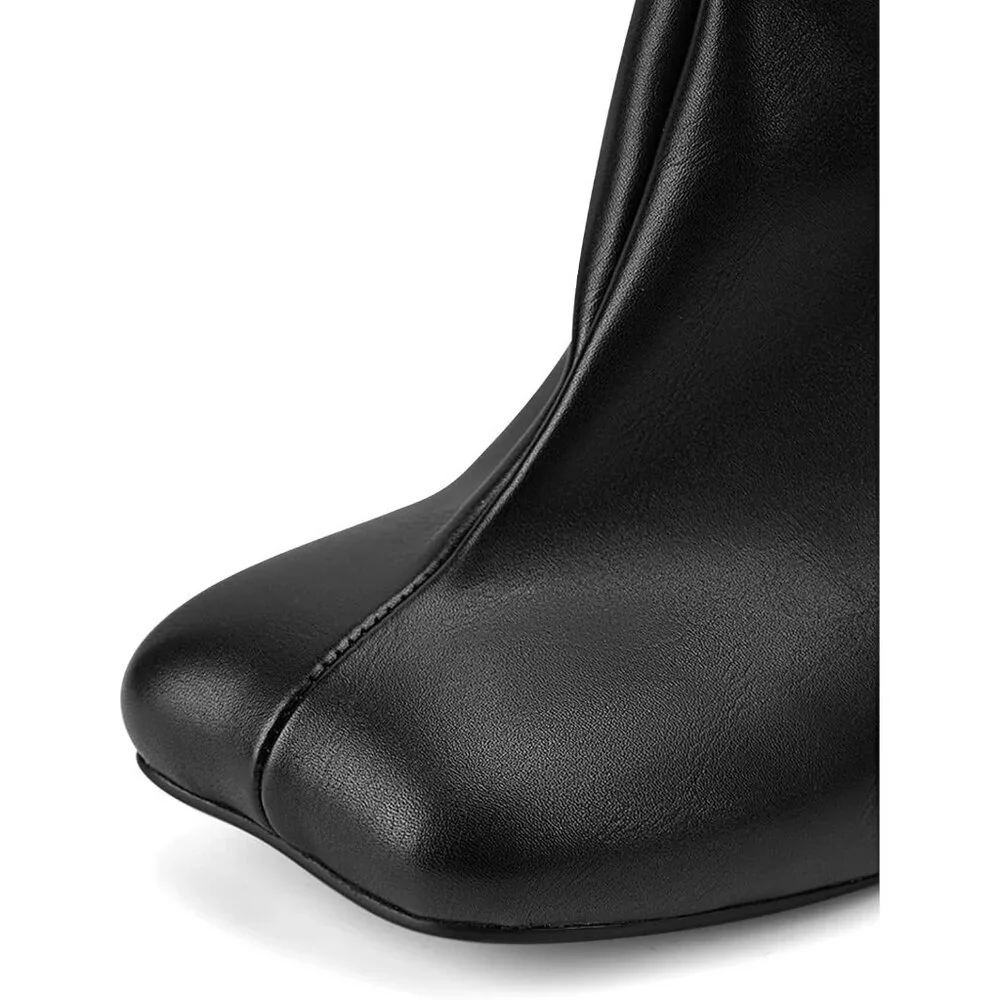 Women's Black Pu Wide Calf Square Toe Stiletto Heels Knee High Suede Boots